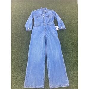 NEW Just Fab Size M Blue Denim Jumpsuit Button Front Pockets Straight Leg